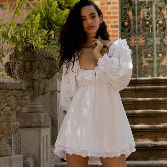 White Empire Waist Babydoll Dress with Eyelet Lace Ruffle Trims - Picture 12 of 12